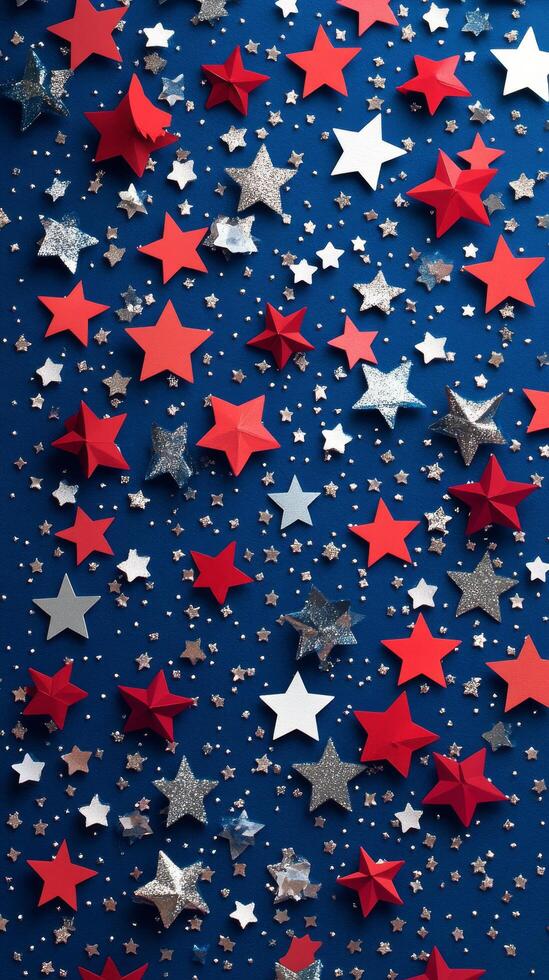 Colorful stars in red silver and white scattered on blue background for celebration decor photo