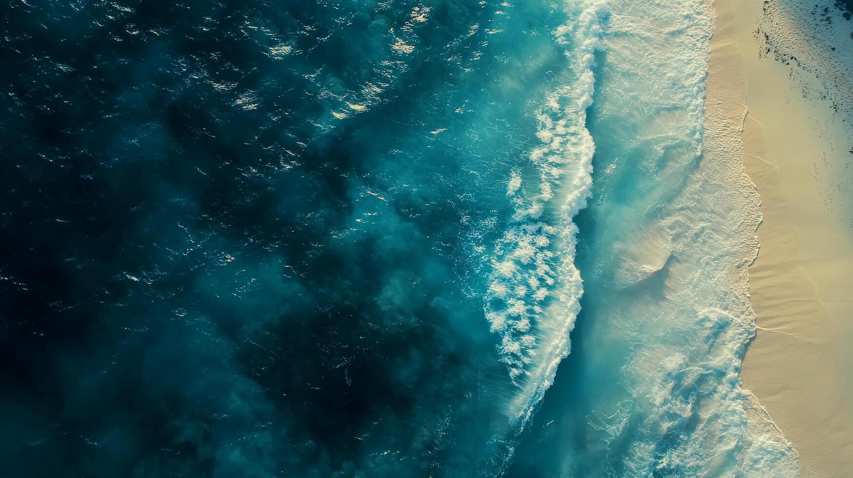 Waves crashing on a serene beach under a bright blue sky in the early afternoon photo