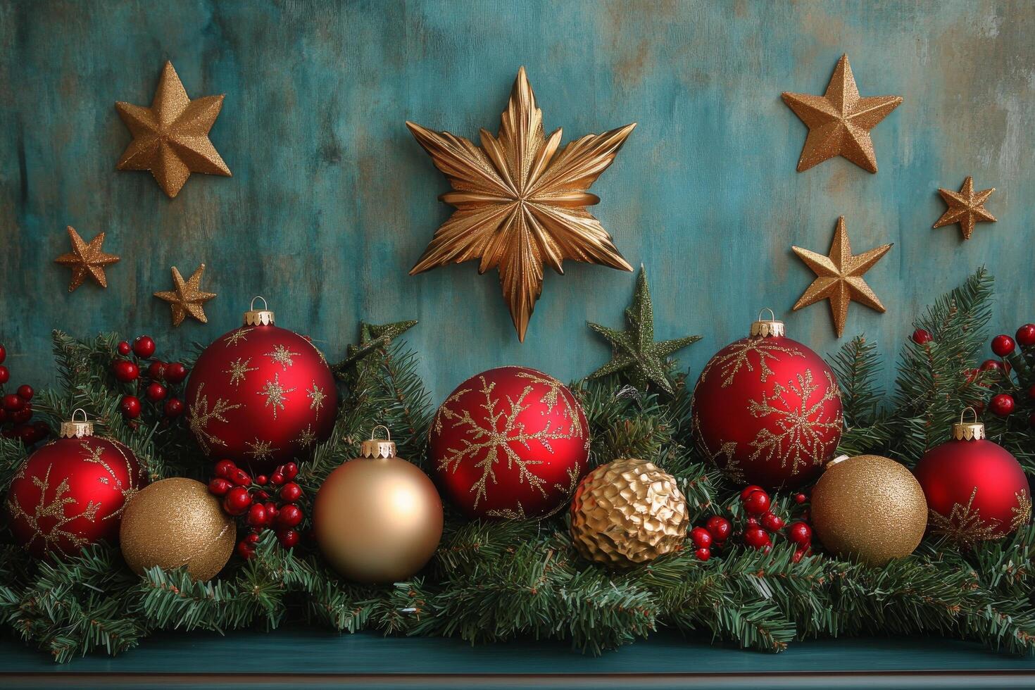 Holiday decorations with red and gold ornaments surrounded by greenery and stars photo