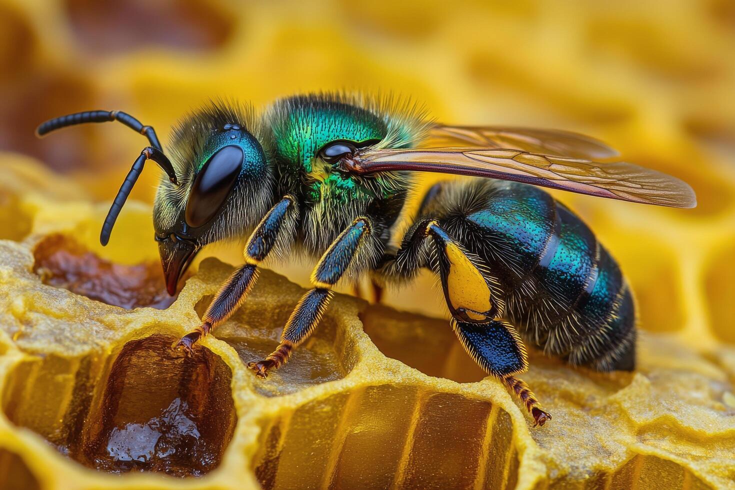Close up of a vibrant bee collecting nectar from honeycomb in a beehive during daylight photo