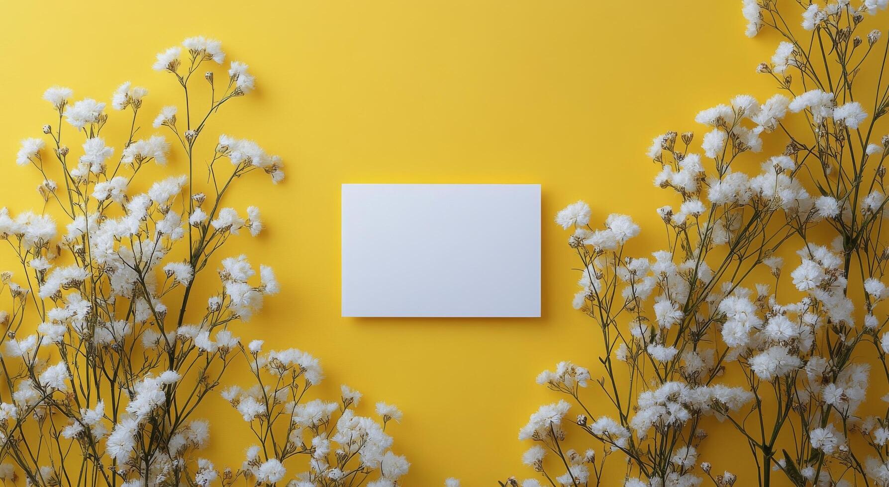 Bright yellow background with white flowers framing a blank card for creative designs photo