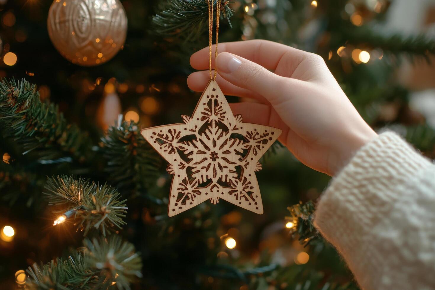 Handmade wooden snowflake ornament hanging on a Christmas tree decorated with lights photo