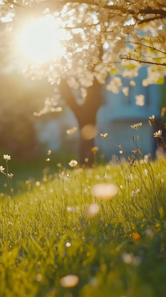 Soft sunlight filters through trees over a lush green meadow with flowers on a warm spring day photo