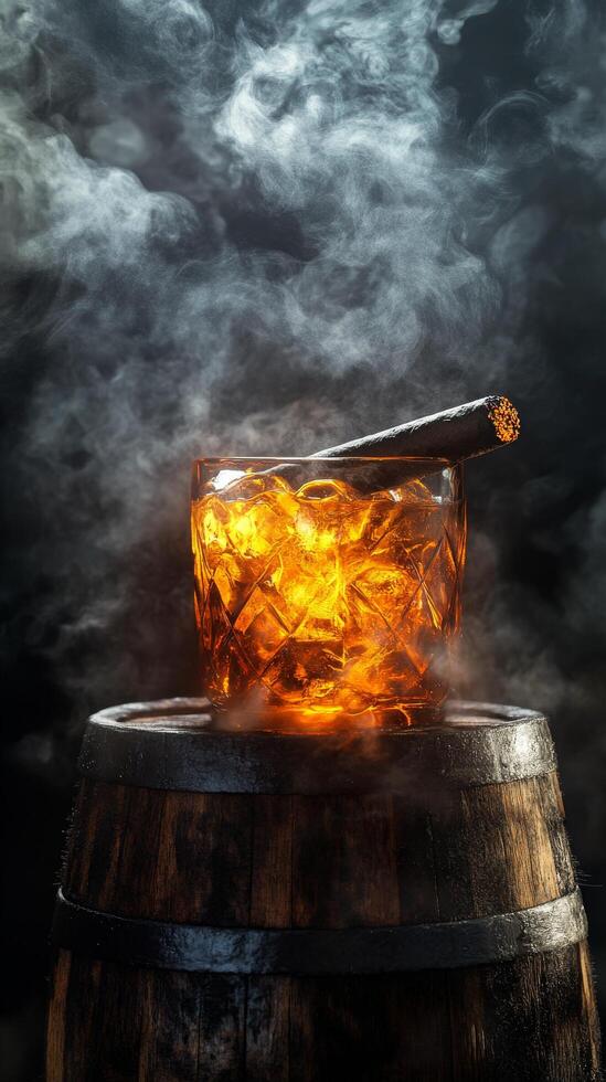Smoky cocktail served in a wooden barrel with ice and a cigar resting on the rim photo
