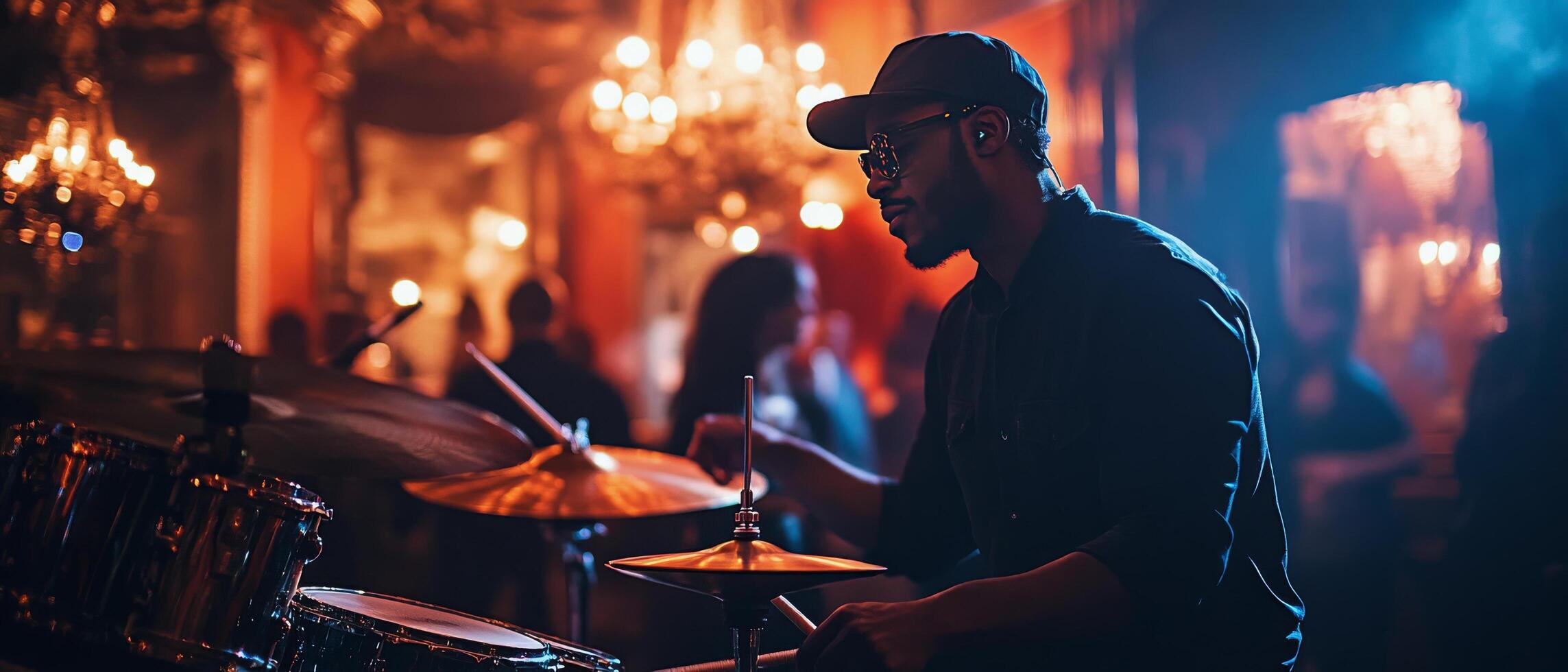 Drummer plays at a lively music event in an elegant venue with stunning lighting photo