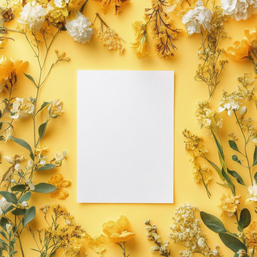 Floral arrangement with yellow background highlighting a blank canvas for creative design photo