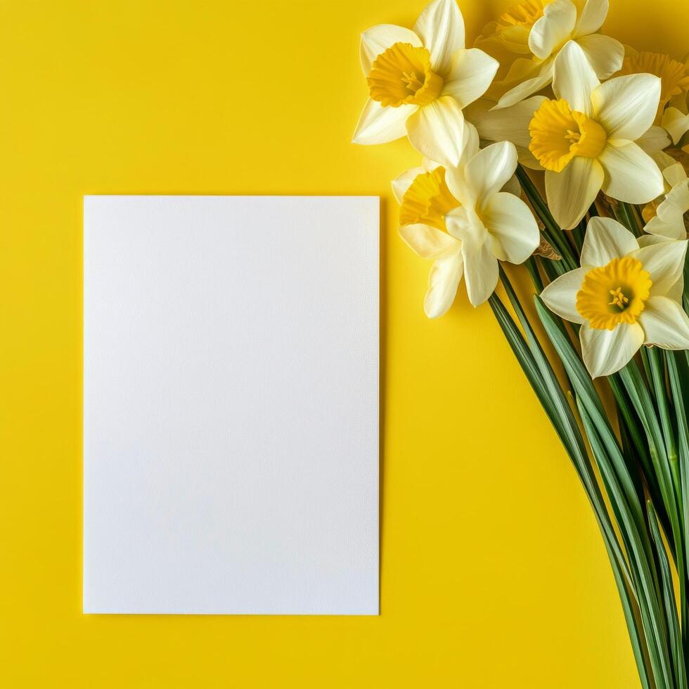 Bright yellow background with daffodils and blank sheet of paper for creative projects photo