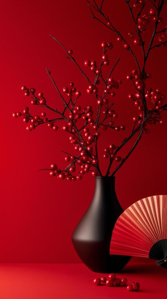 Elegant arrangement of red berries in a black vase with a fan on a vibrant red background photo