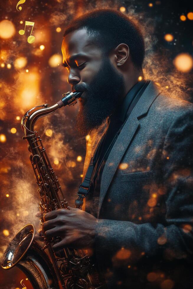 Musician performs with saxophone surrounded by colorful lights and sparks at evening concert photo