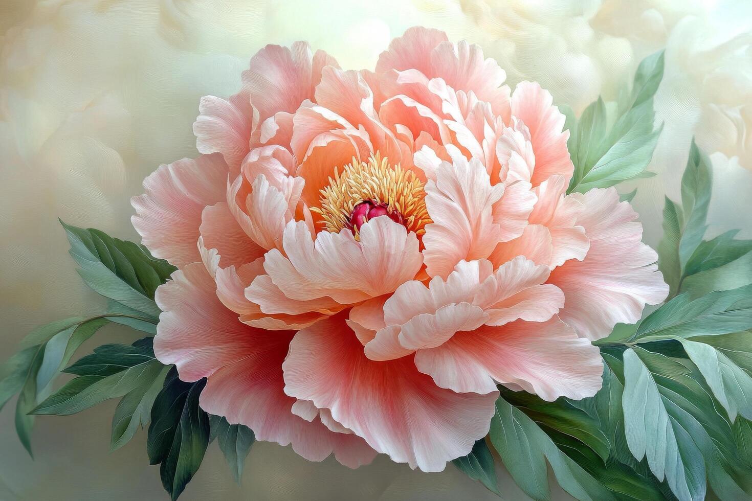 Beautiful porcelain flower arrangement with pink petals and green leaves on a white background photo