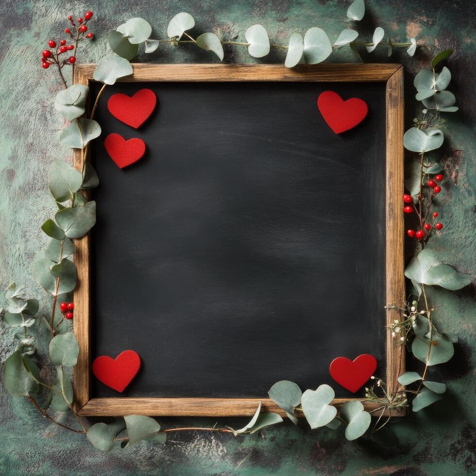 Decorative frame with red hearts and eucalyptus leaves on a dark background for party or celebration photo