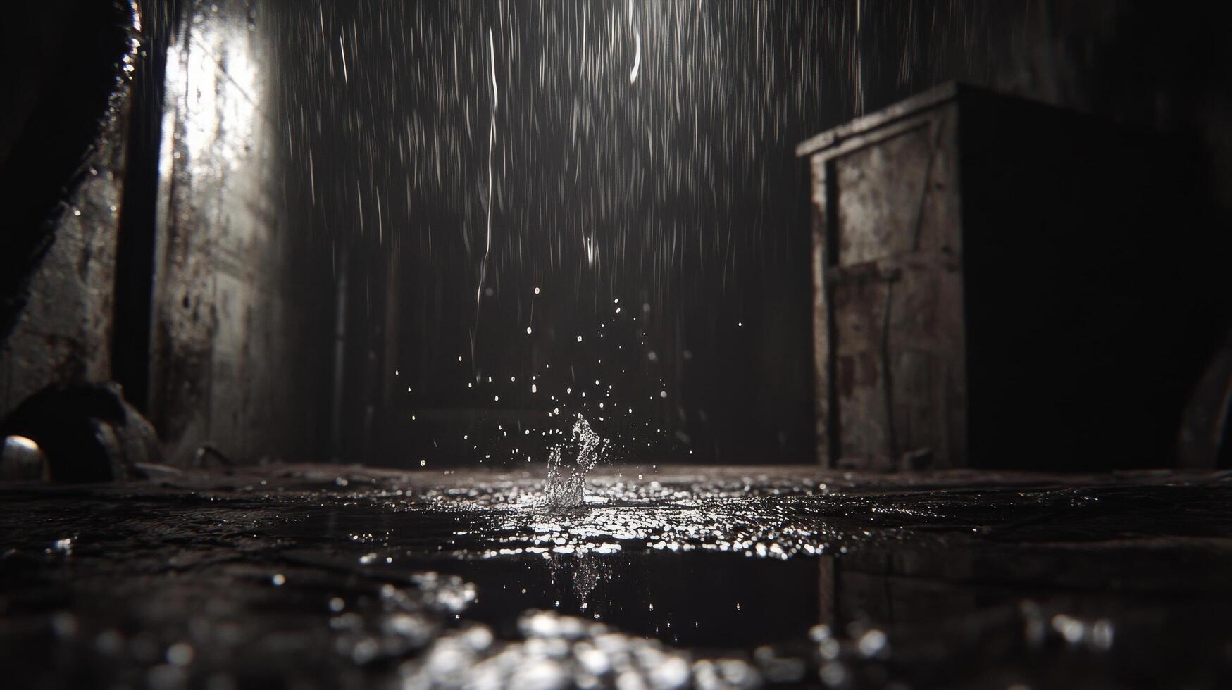 Dark interior with rain falling through a window creating a moody atmosphere photo