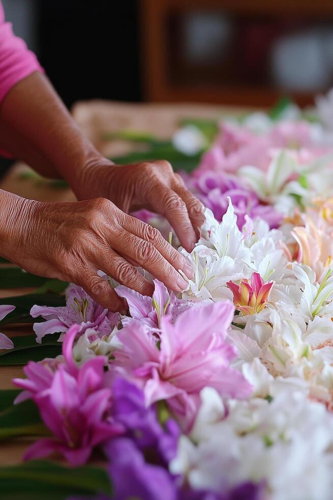 Flower arranging with vibrant blooms in a colorful display during a creative workshop photo