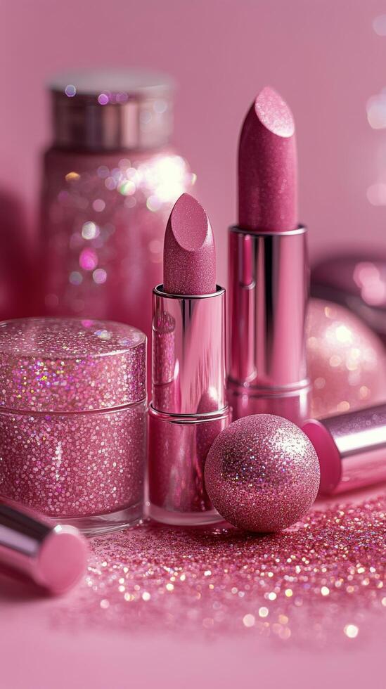 Makeup items arranged on a pink background showcasing various shades and textures photo