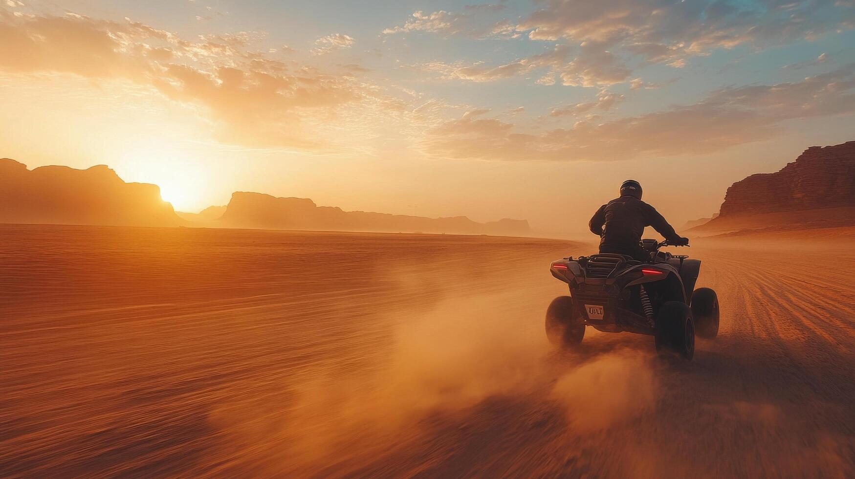Adventurous ride across the sandy desert landscape during sunset with dramatic sky photo