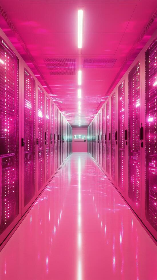 Bright pink illuminated server room with rows of servers and glowing lights photo