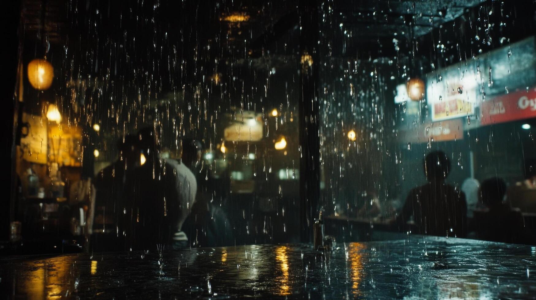 Dimly lit interior of a bustling bar with rain falling inside during an evening photo