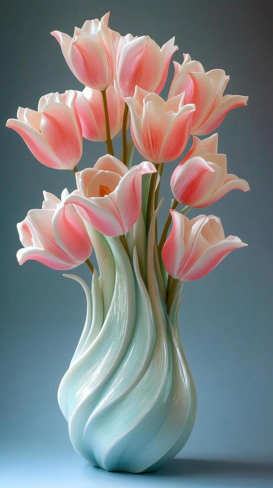 Bright pink tulips arranged in a bouquet against a blue background for decoration photo