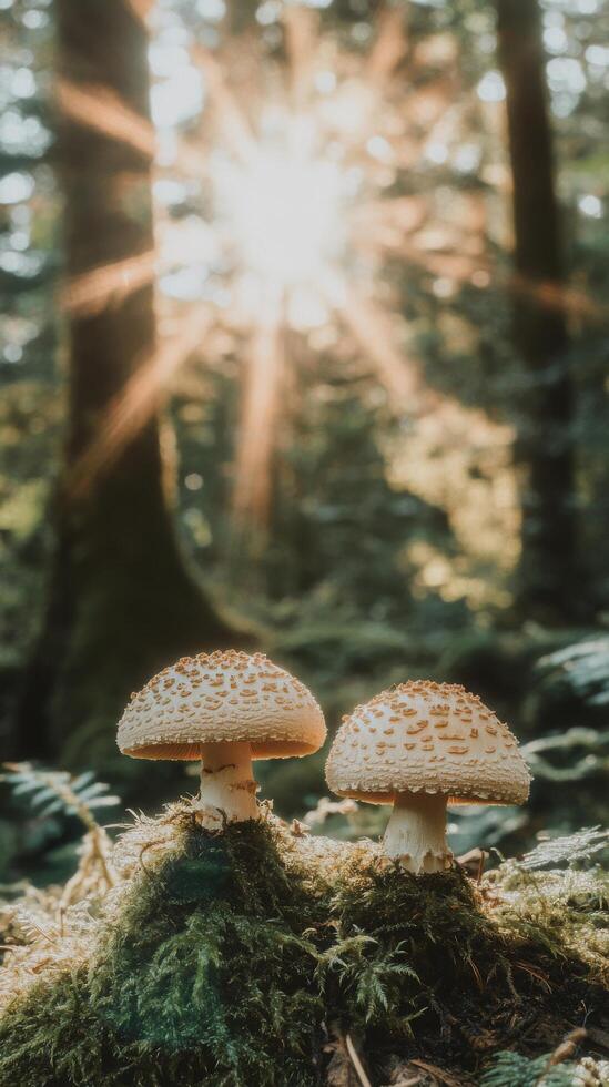 Mushrooms growing in a tranquil forest at sunrise with soft sunlight filtering through trees photo