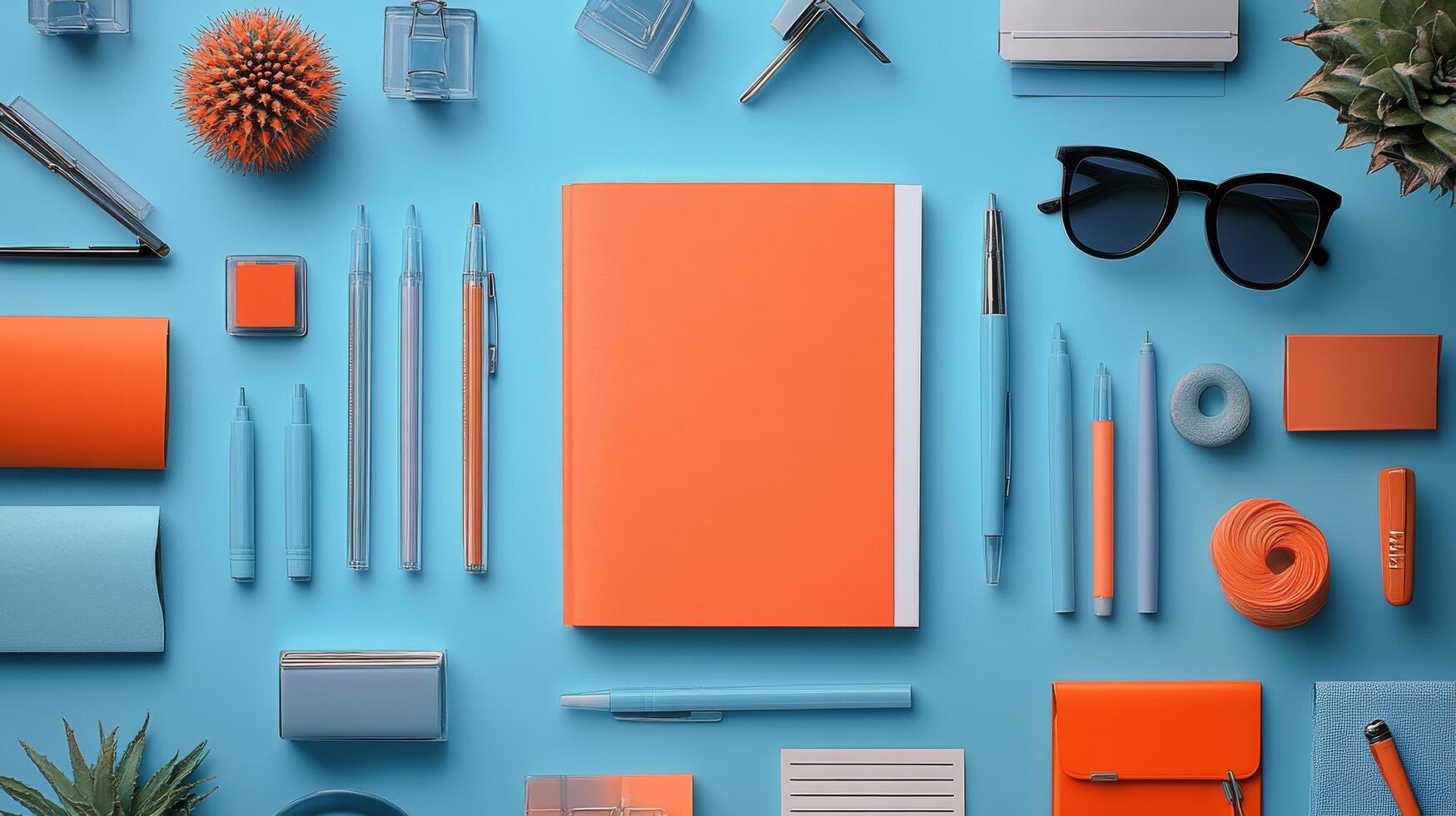 Creative workspace arrangement with orange and blue stationery on vibrant blue background photo