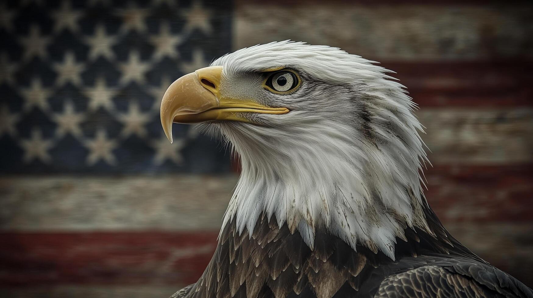 Bald eagle perched in front of weathered American flag background photo
