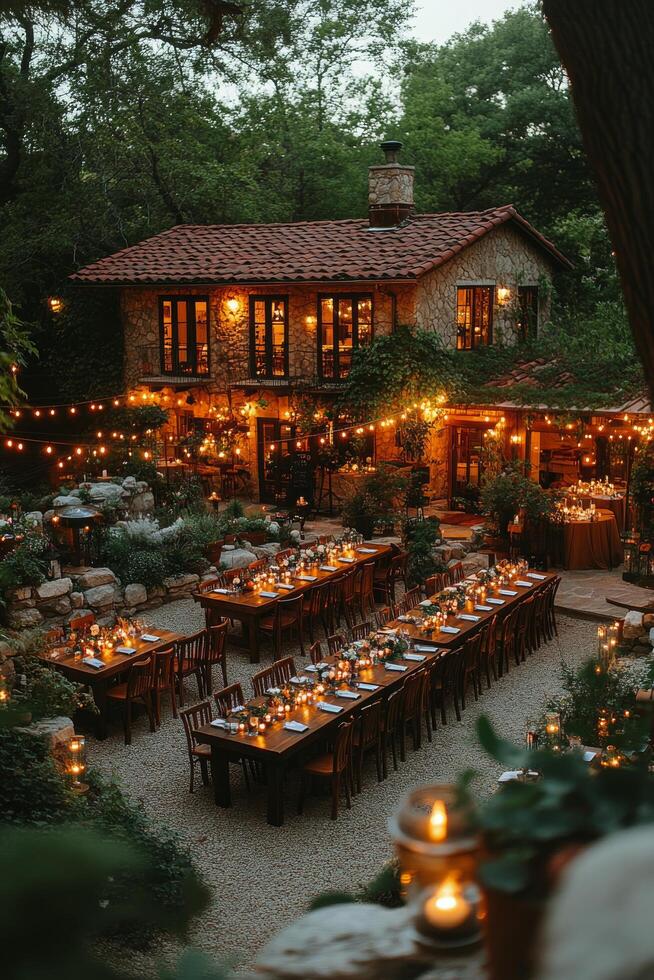 Beautiful outdoor wedding reception with elegant tables and festive lights at sunset photo