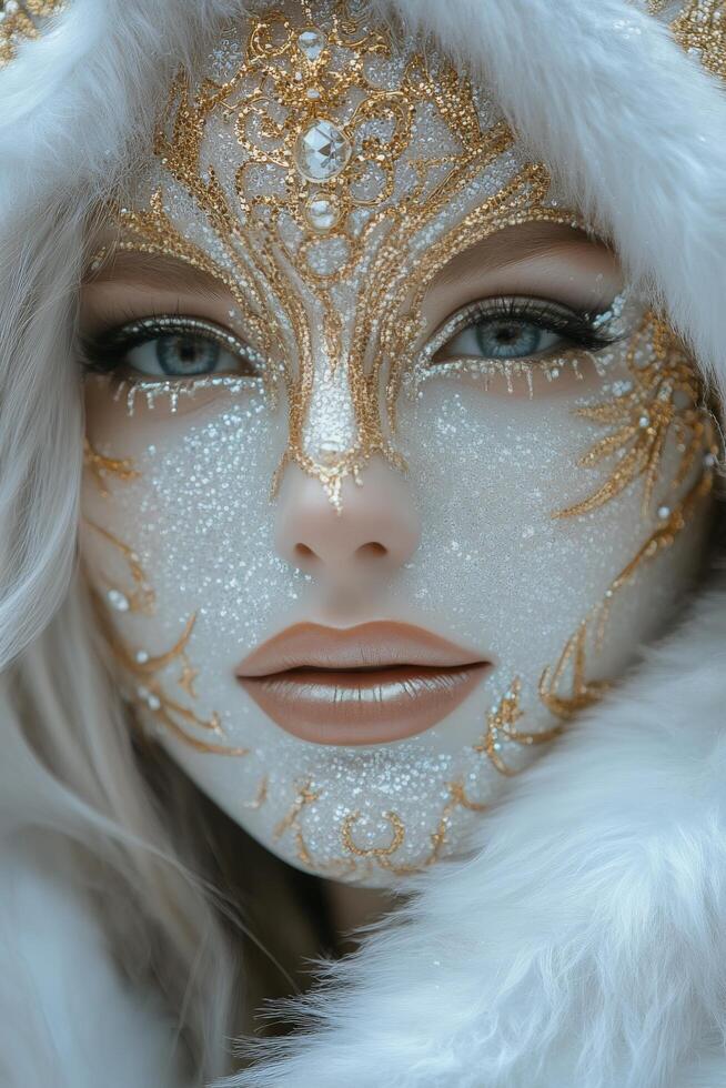 Close up of a woman with sparkling face decoration and striking blue eyes at a creative event photo
