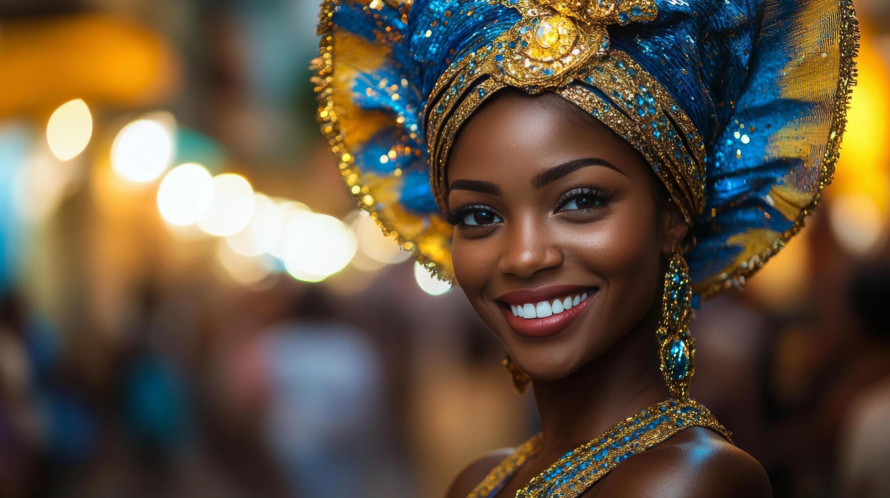 Colorful carnival celebration with a smiling woman wearing vibrant costume in snowy setting photo