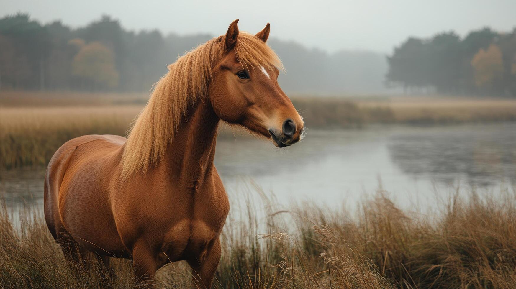 Majestic horse stands gracefully near a serene water body surrounded by tall grass photo