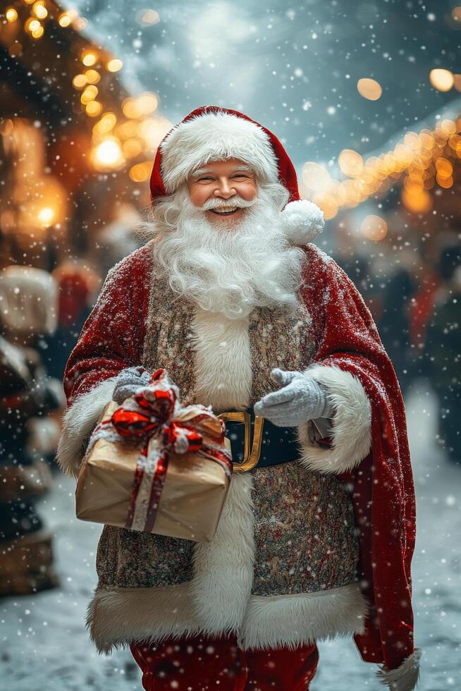 Santa Claus spreading joy in a festive winter market with snow and twinkling lights photo