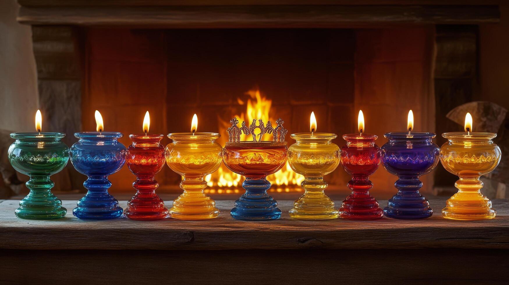 Colorful glass candles arranged in a row glow warmly beside a fireplace during a cozy evening photo