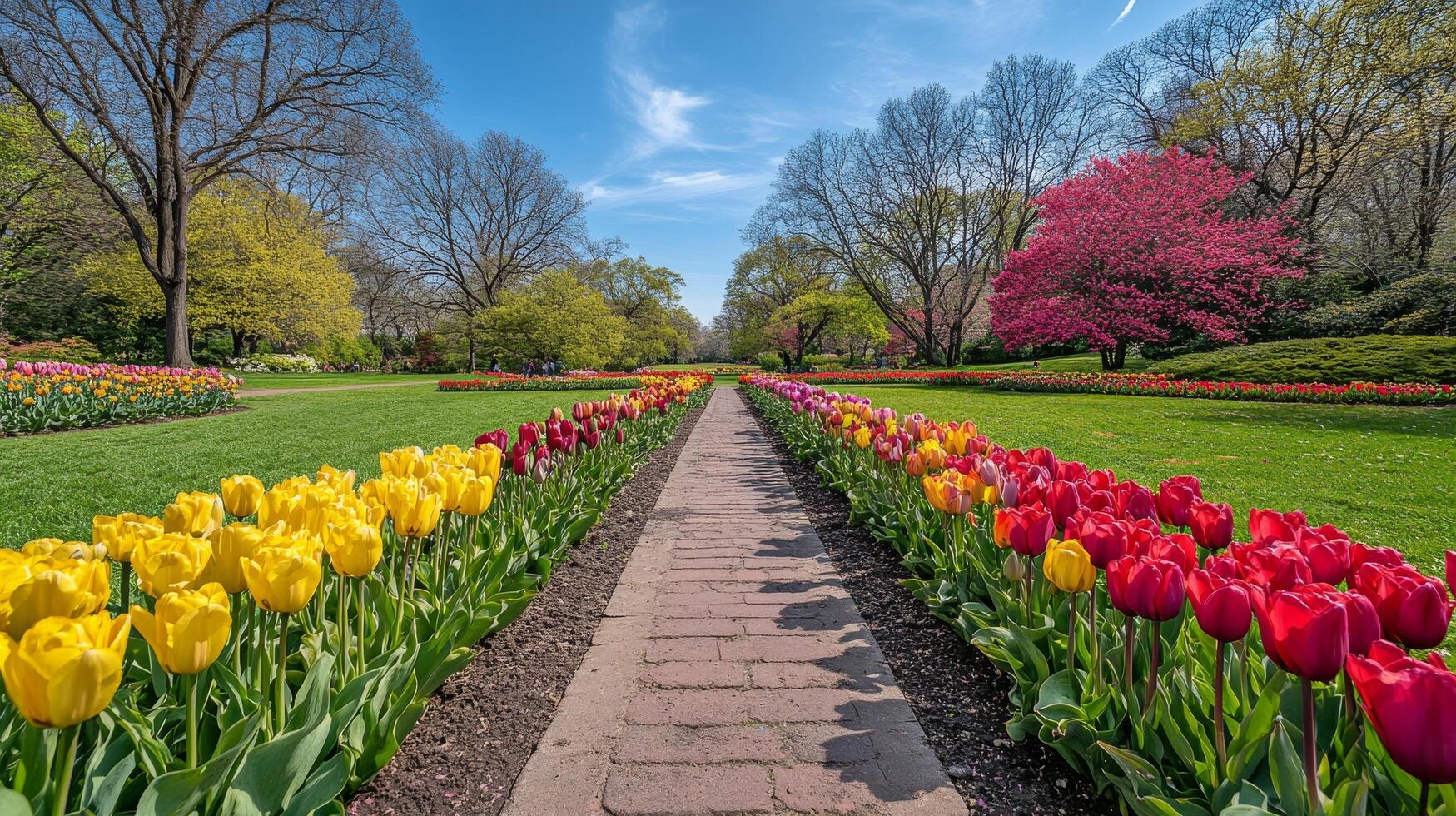 Vibrant spring garden with blooming tulips and charming gazebo under blue sky photo