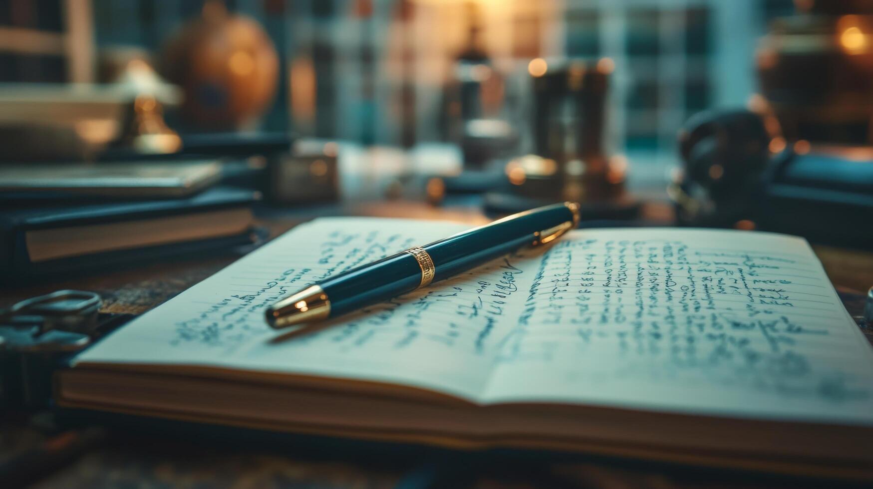 Writing process at a cozy workspace with books and vintage items in soft light photo