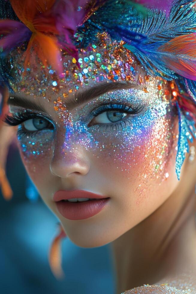 Vibrant and colorful face art with intricate headdress and stunning makeup details photo
