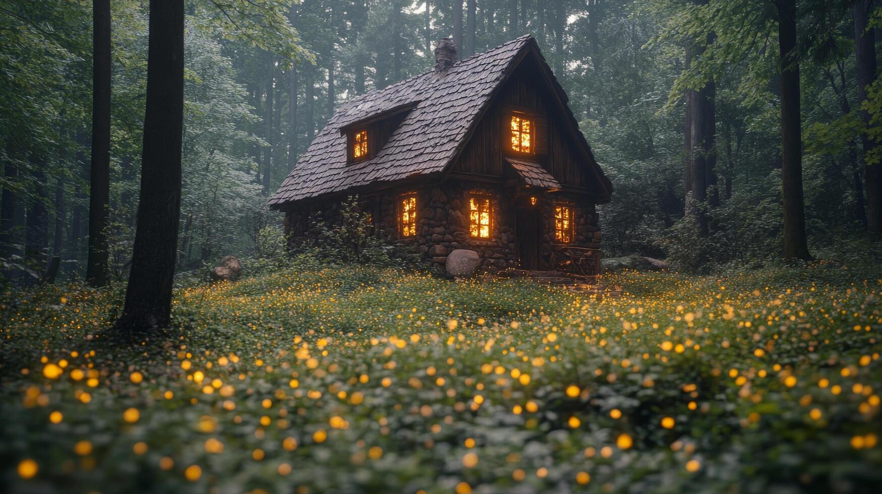 Enchanted forest cottage illuminated by warm lights in a magical evening setting photo