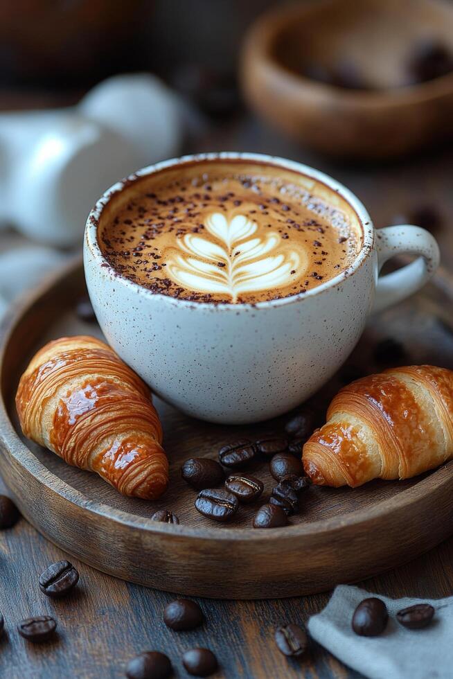 Warm cup of coffee with croissants and coffee beans on rustic wooden table photo
