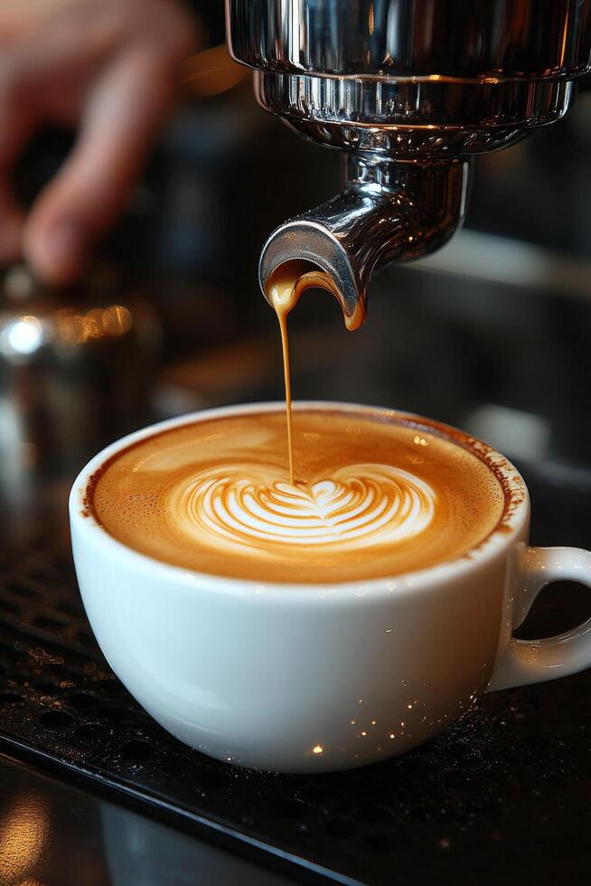 Beautiful latte art served in a teal ceramic cup with a heart design photo