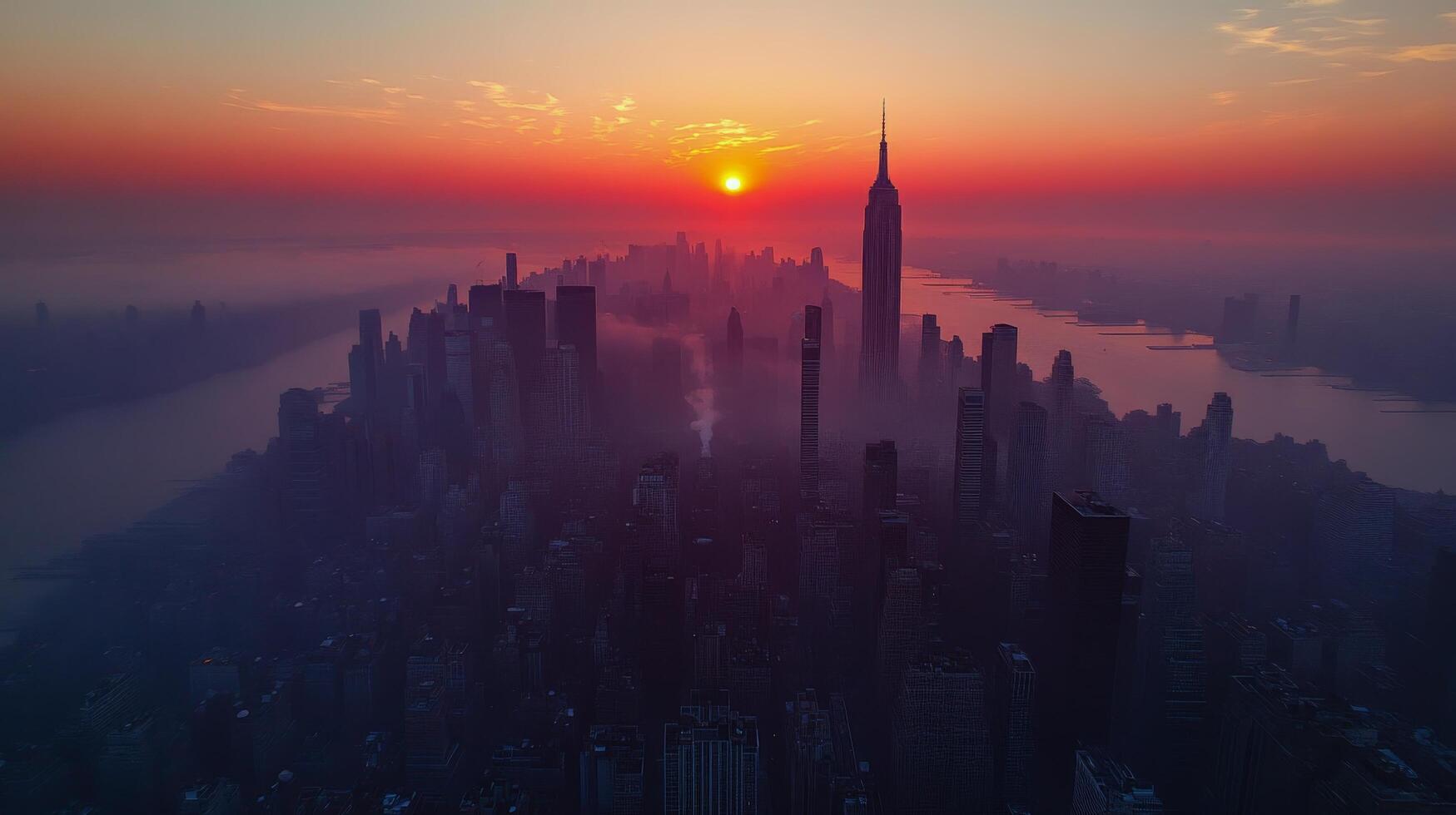 Vibrant sunset over Hong Kong harbor with silhouettes of skyscrapers and distant islands photo