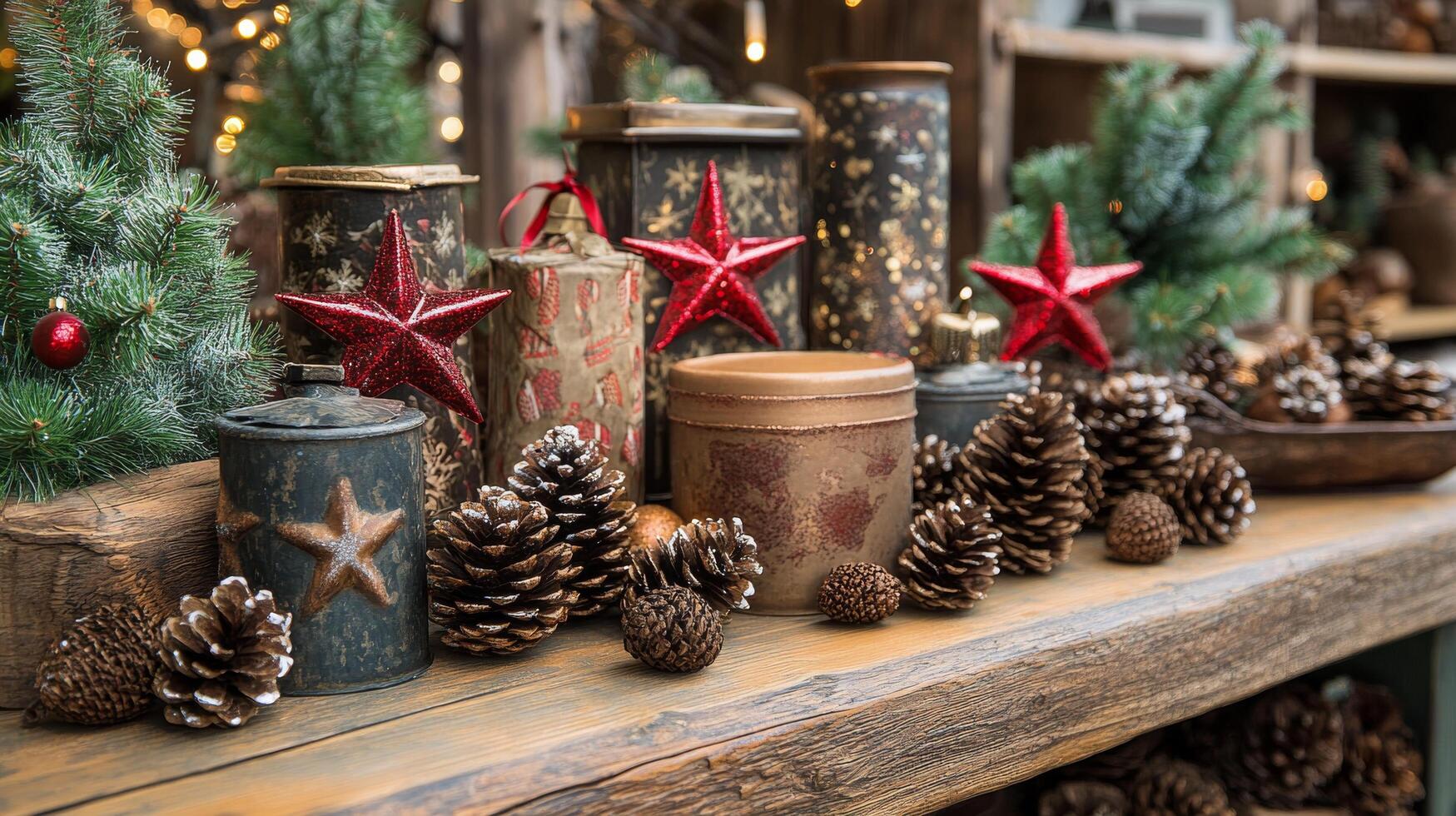 Decorative holiday gifts with pine cones and ribbons set on a wooden surface photo