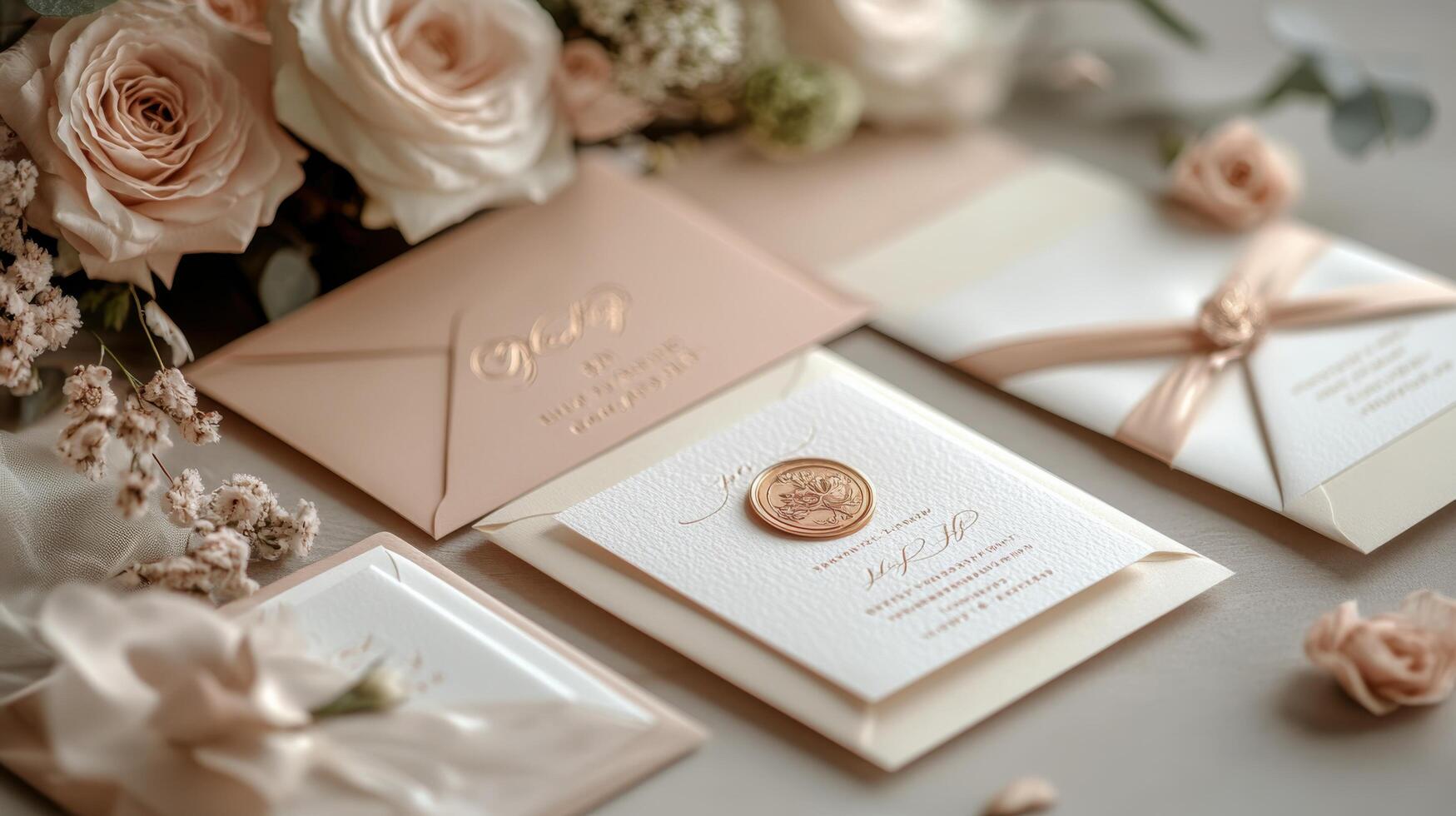Elegant wedding invitation alongside a bouquet of white flowers on a wooden table photo