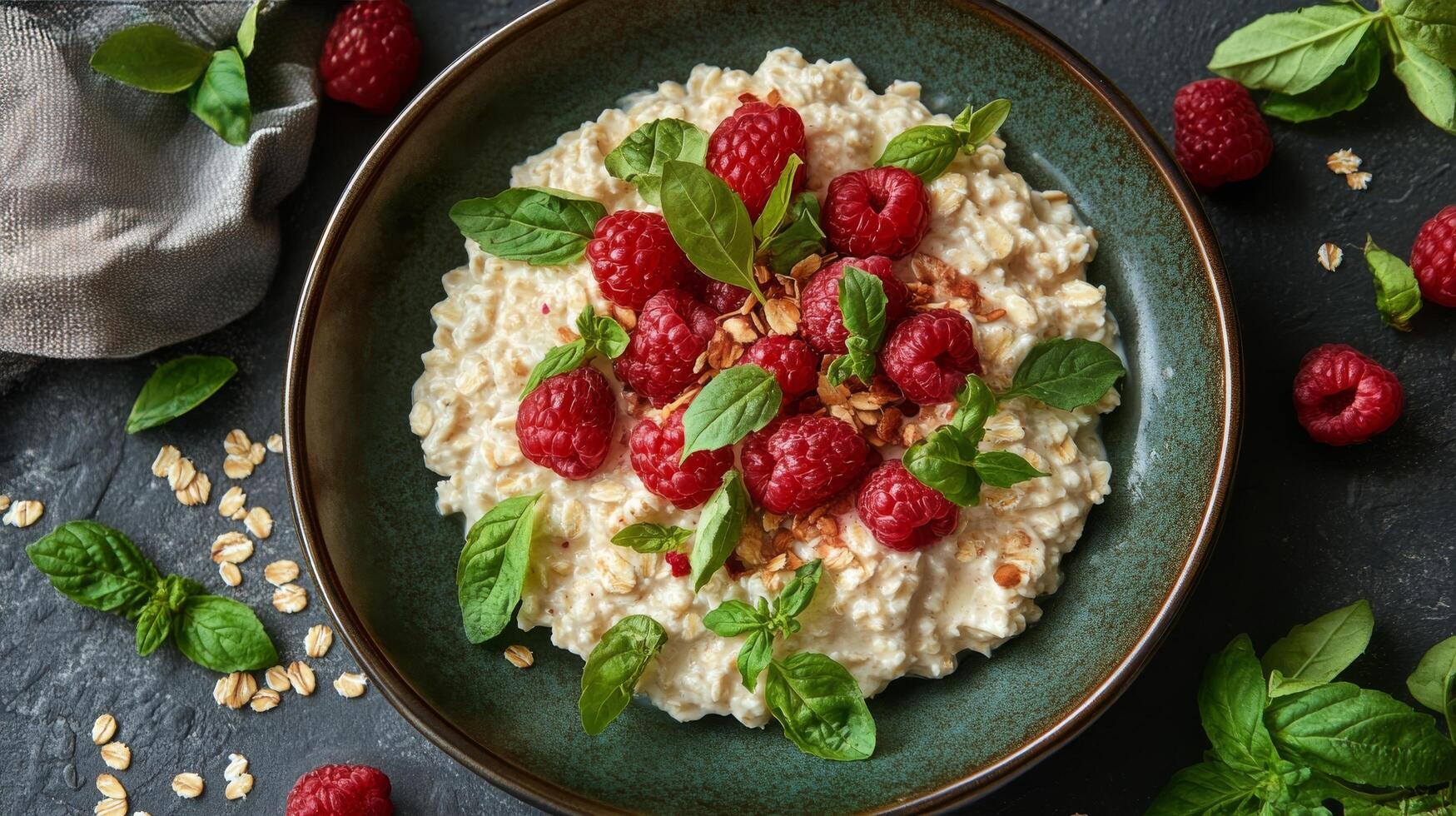 Oatmeal topped with fresh raspberries and basil in a stylish bowl on a dark surface photo