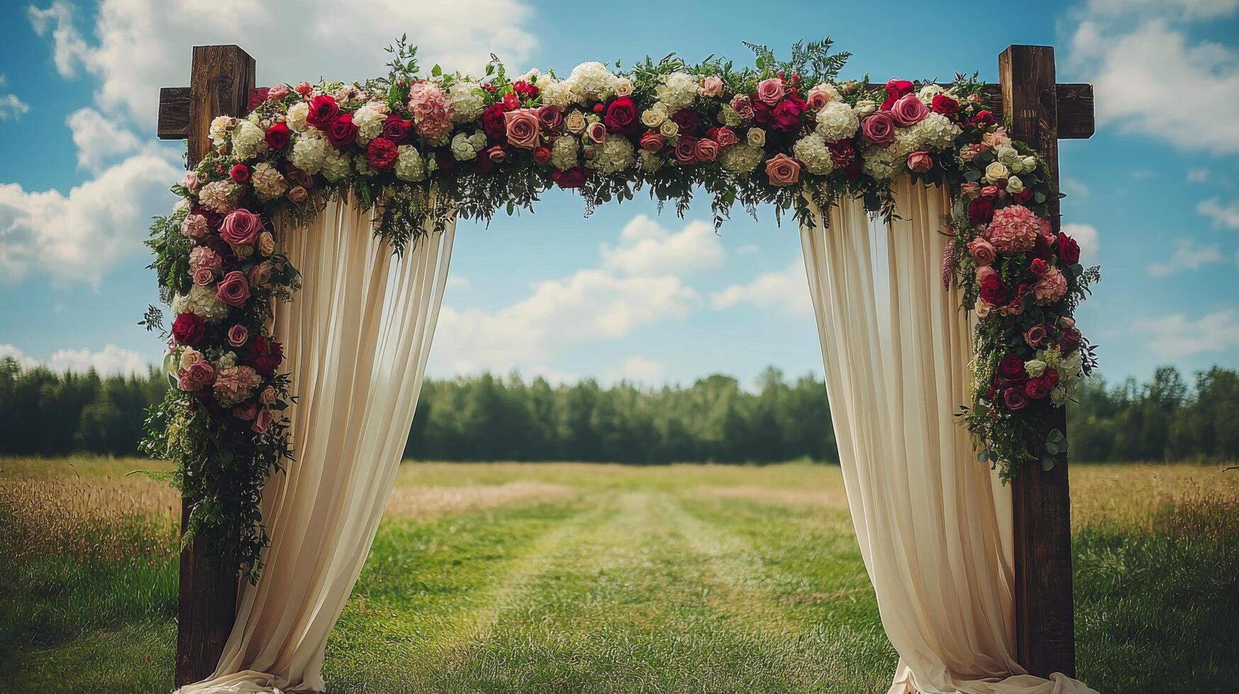Outdoor wedding altar decorated with flowers and drapes in lush garden setting photo