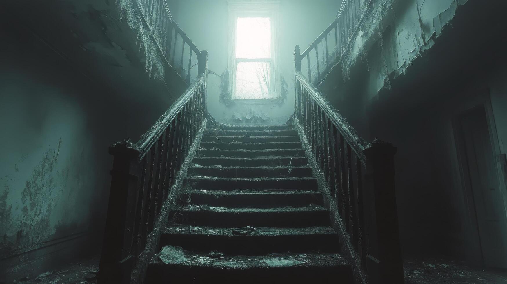 Dark and eerie staircase in an abandoned building with a bright window above photo