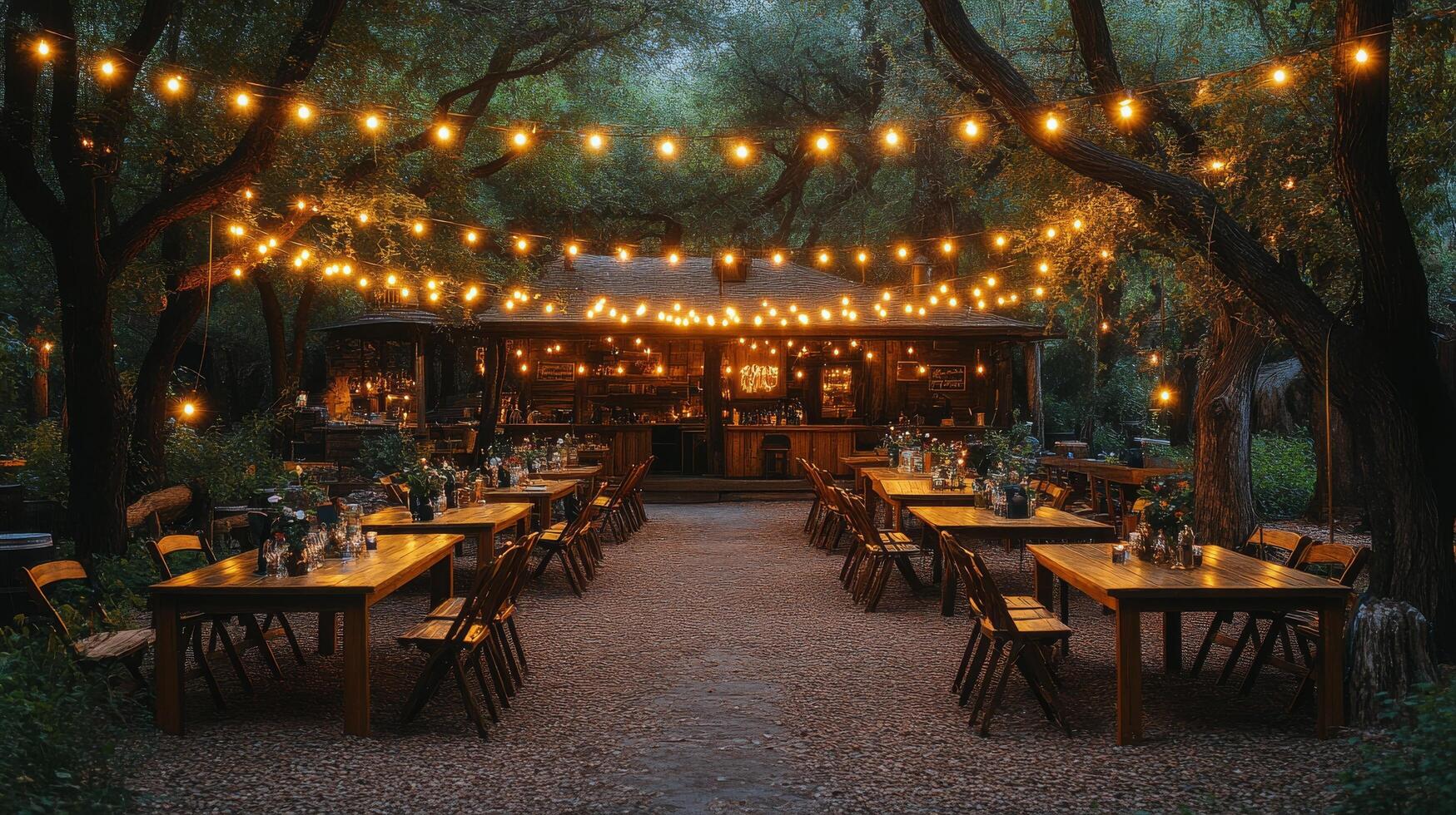 Elegant outdoor dinner setup in a garden with twinkling lights at sunset photo