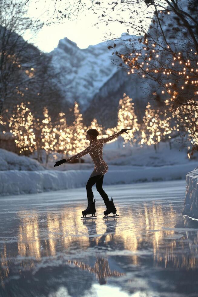 Ice skater performs graceful routine at sunset on frozen lake during winter evening photo