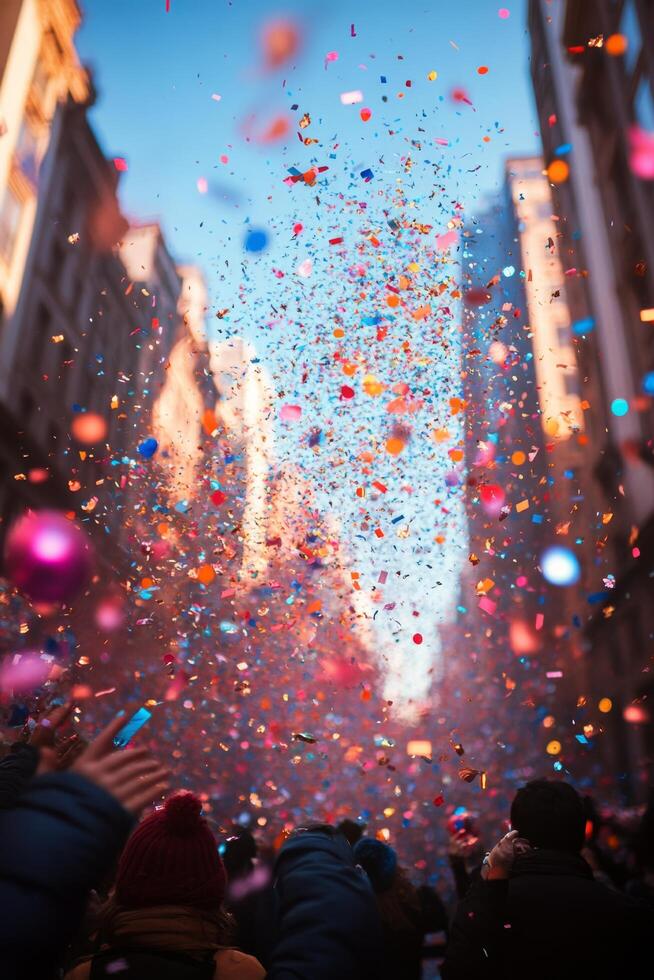 Colorful confetti fills the air during a festive celebration in a city street photo