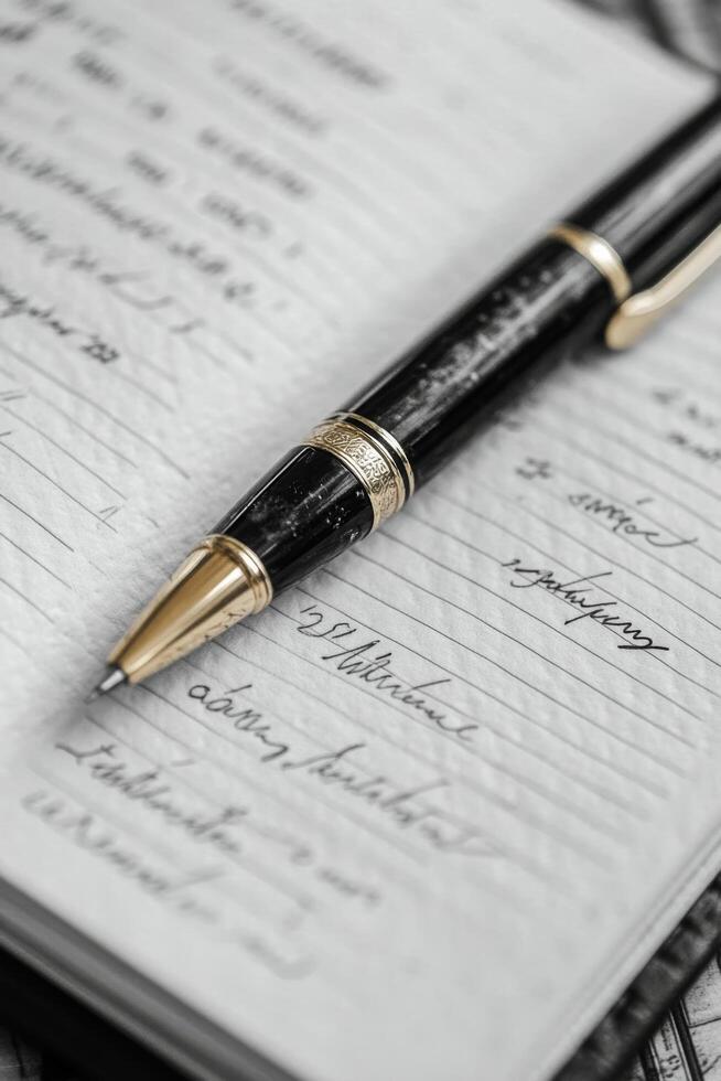 Elegant pen resting on opened journal filled with handwritten notes and thoughts photo