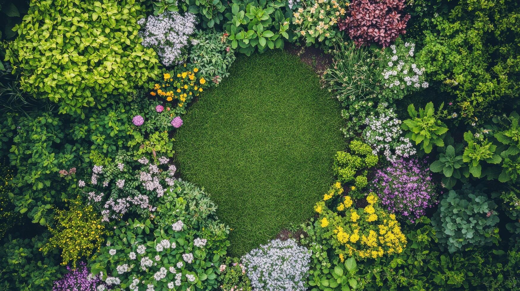 Vibrant spring garden filled with blooming trees and shrubs in various colors photo