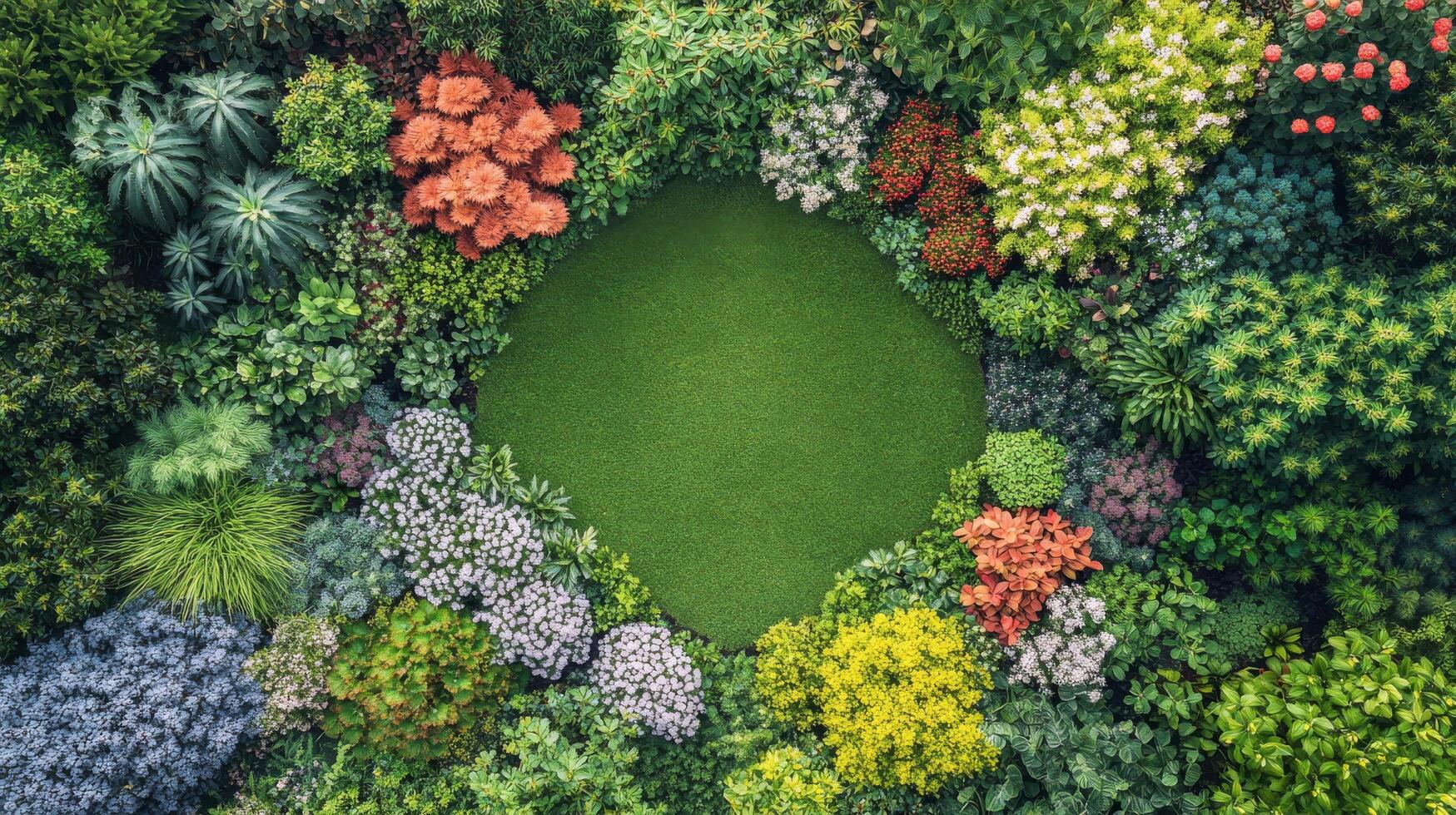 Vibrant spring garden filled with blooming trees and shrubs in various colors photo
