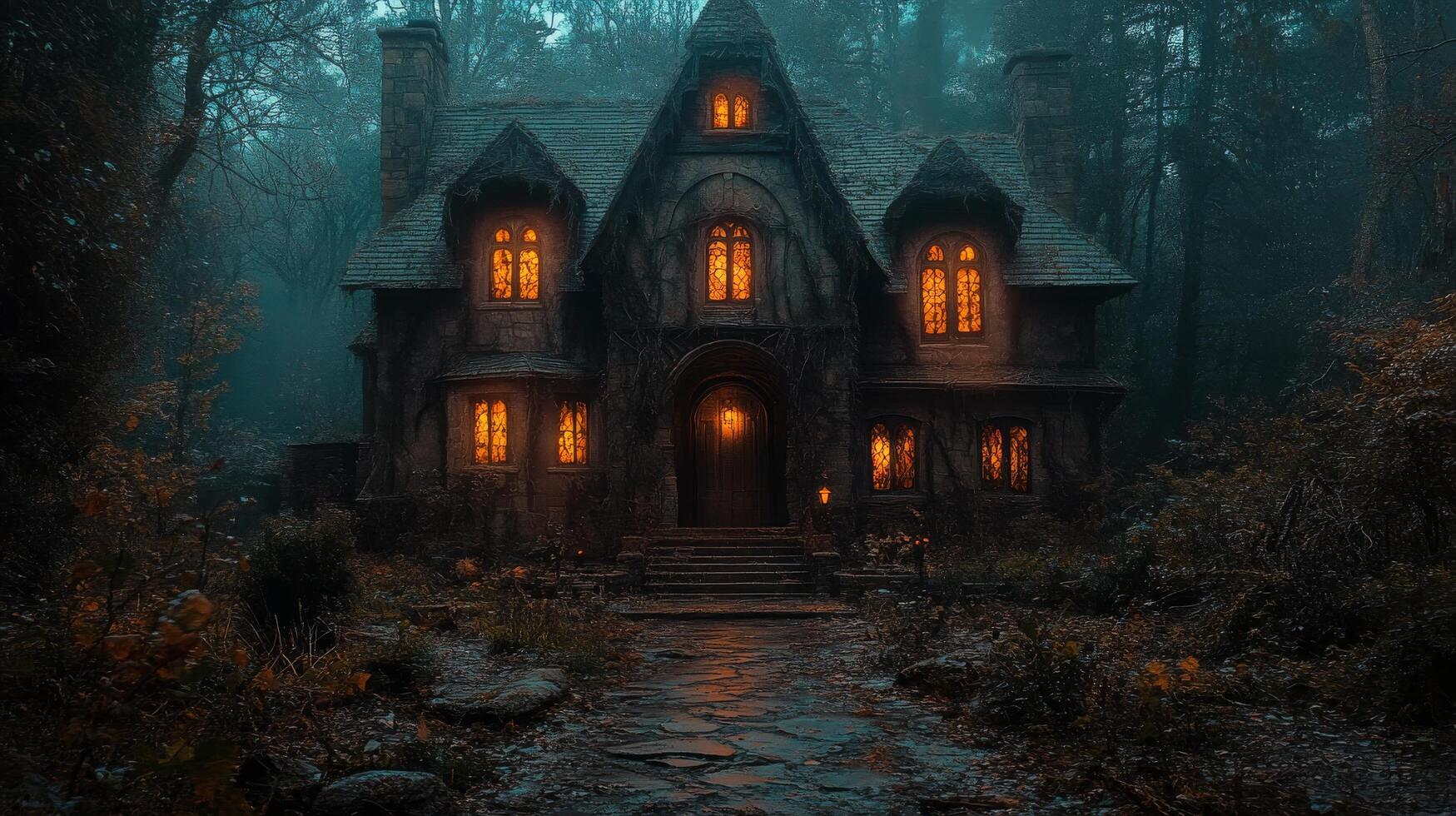 Enchanted forest cottage illuminated by warm lights in a magical evening setting photo